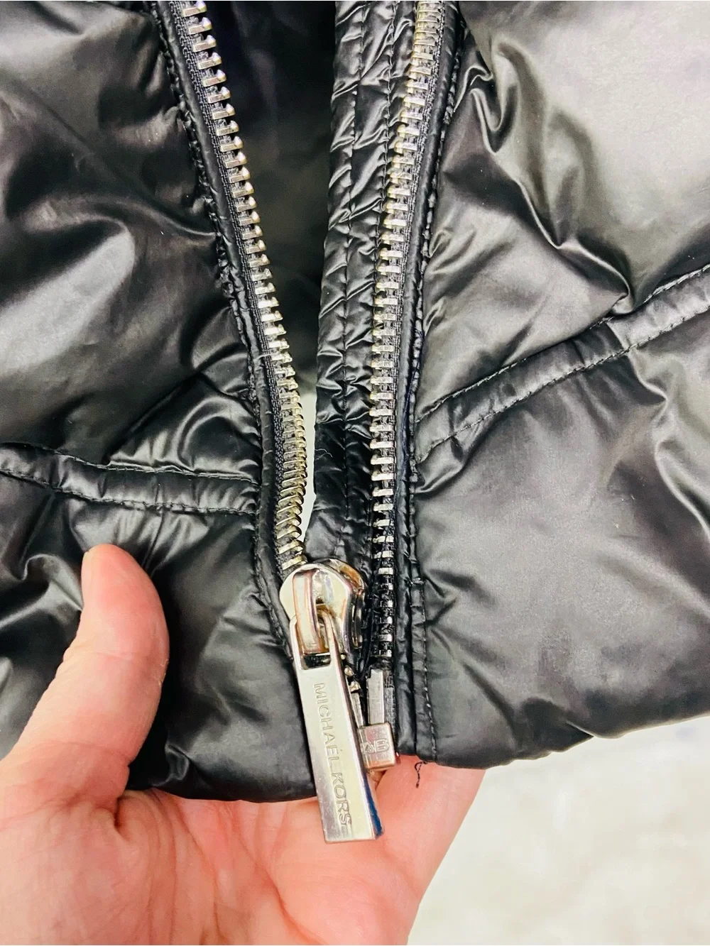 Michael Kors Black Quilted Long Puffer Coat with Faux Fur Hood size Medium